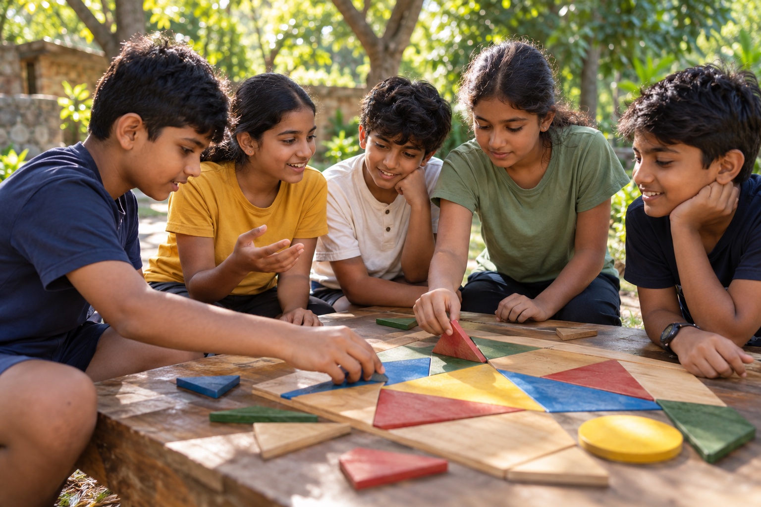 Illustrative learning scene: children collaborate on a wooden puzzle during an outdoor activity.