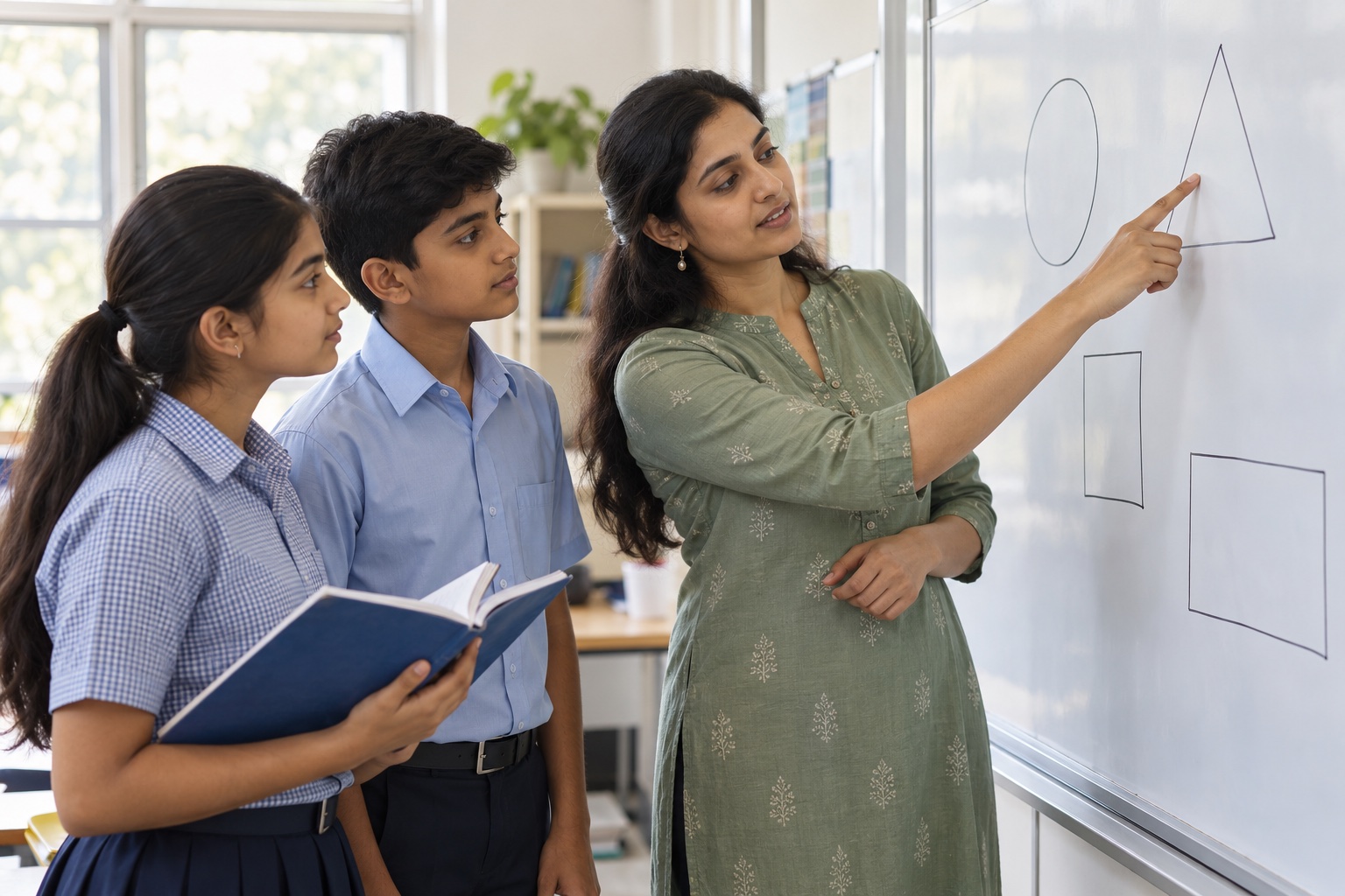 Illustrative scene of an educator guiding students through a geometry activity at a whiteboard.
