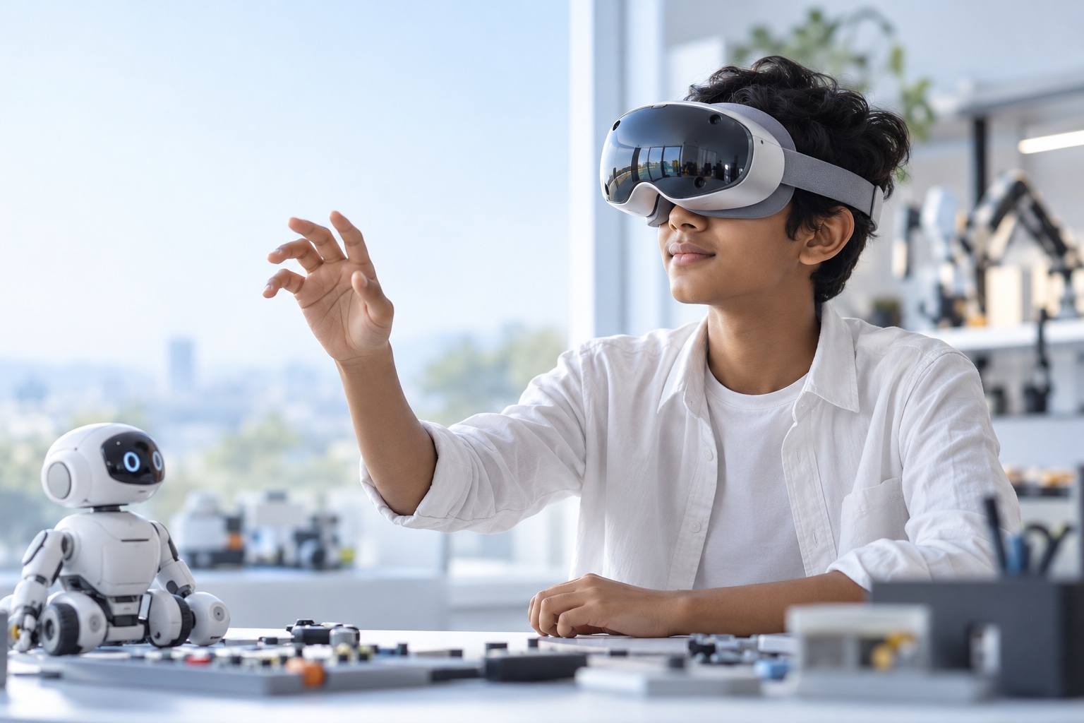 Illustrative future-learning scene: a student wearing an AI mixed-reality headset beside an educational robot.
