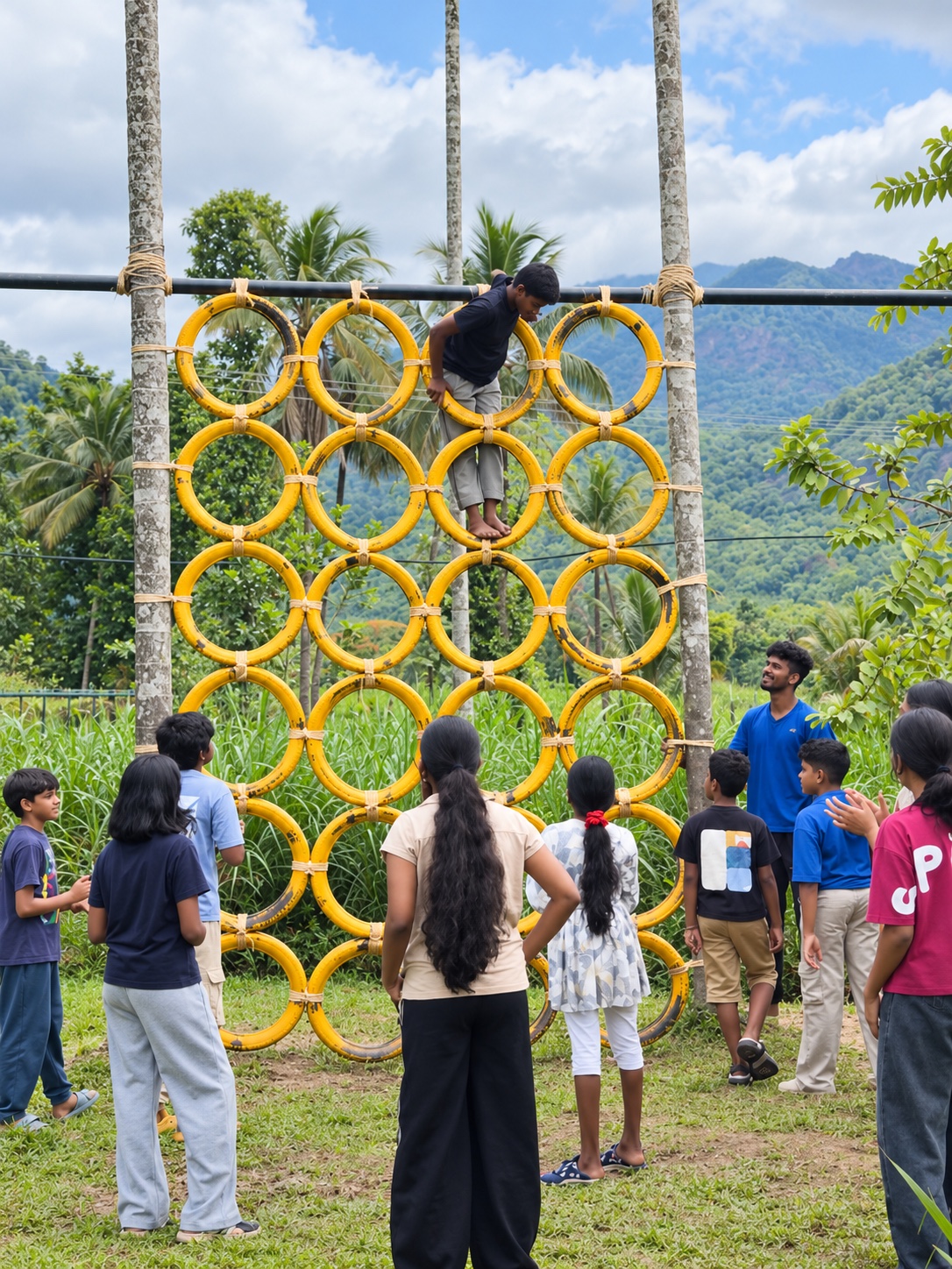A camper climbing a wall of yellow tyres while the group watches.