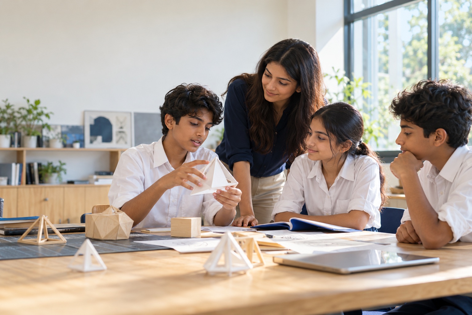 Illustrative learning scene: students and an educator explore a hands-on project together.
