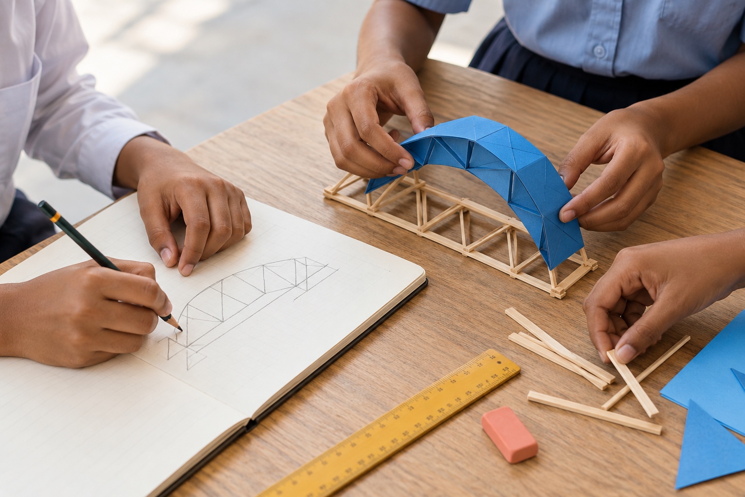 Illustrative close-up of students building a paper bridge, learning through making.