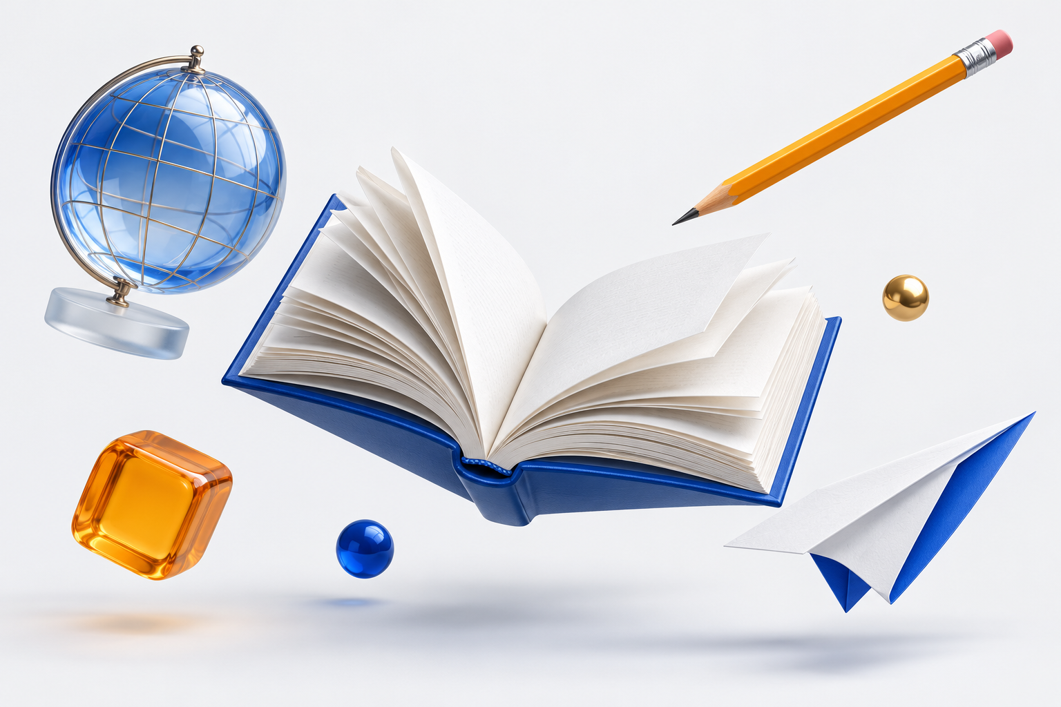 An open blue book, glass globe, pencil and folded paper airplane, illustrating the tools of discovery.