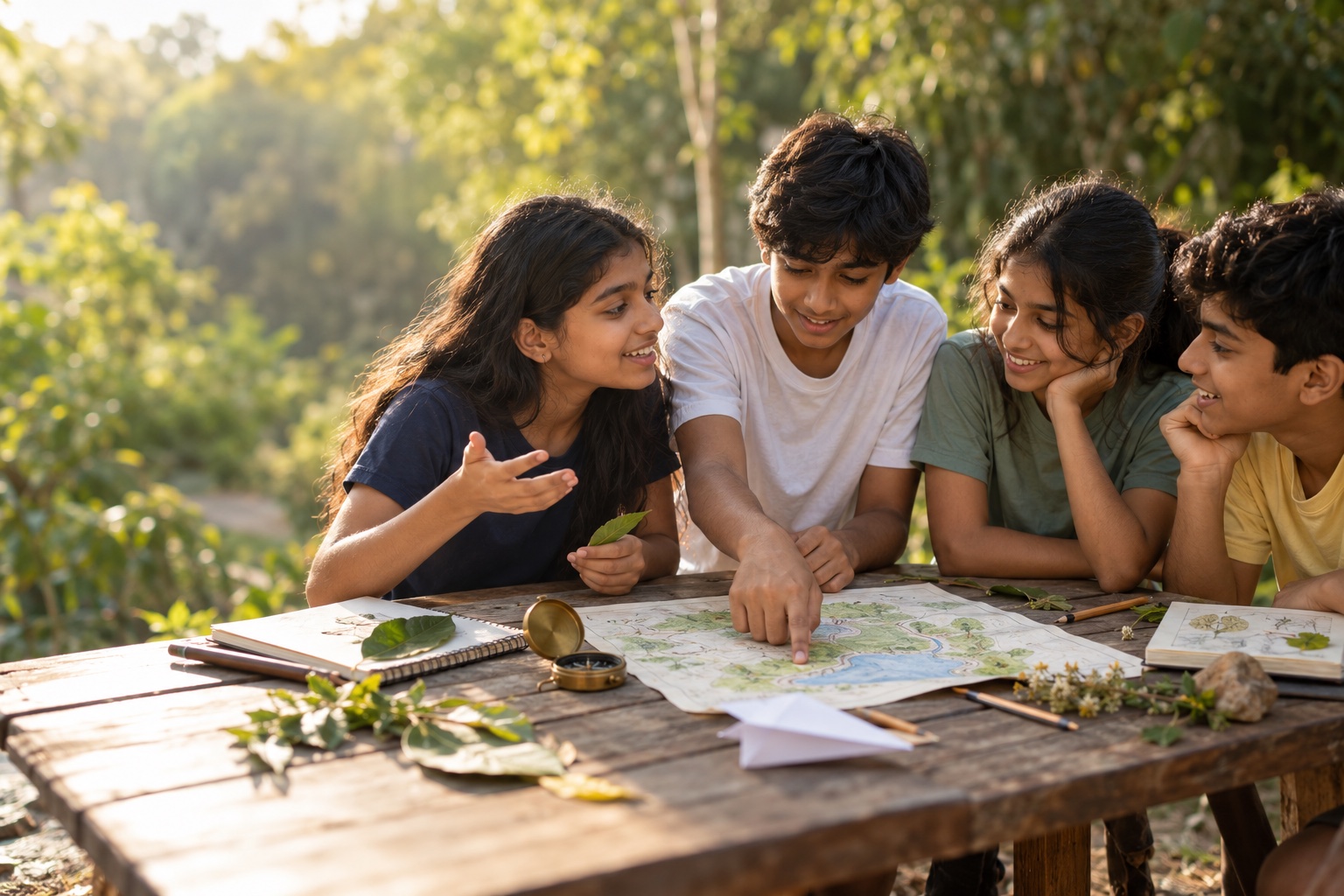 Illustrative scene of young learners discovering and collaborating outdoors.