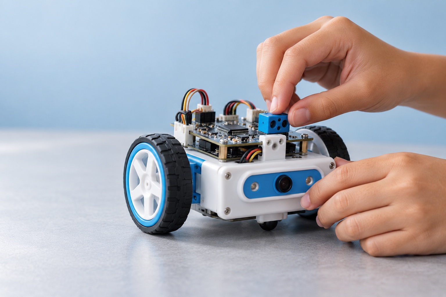 Illustrative close-up of a student assembling a compact educational robot.